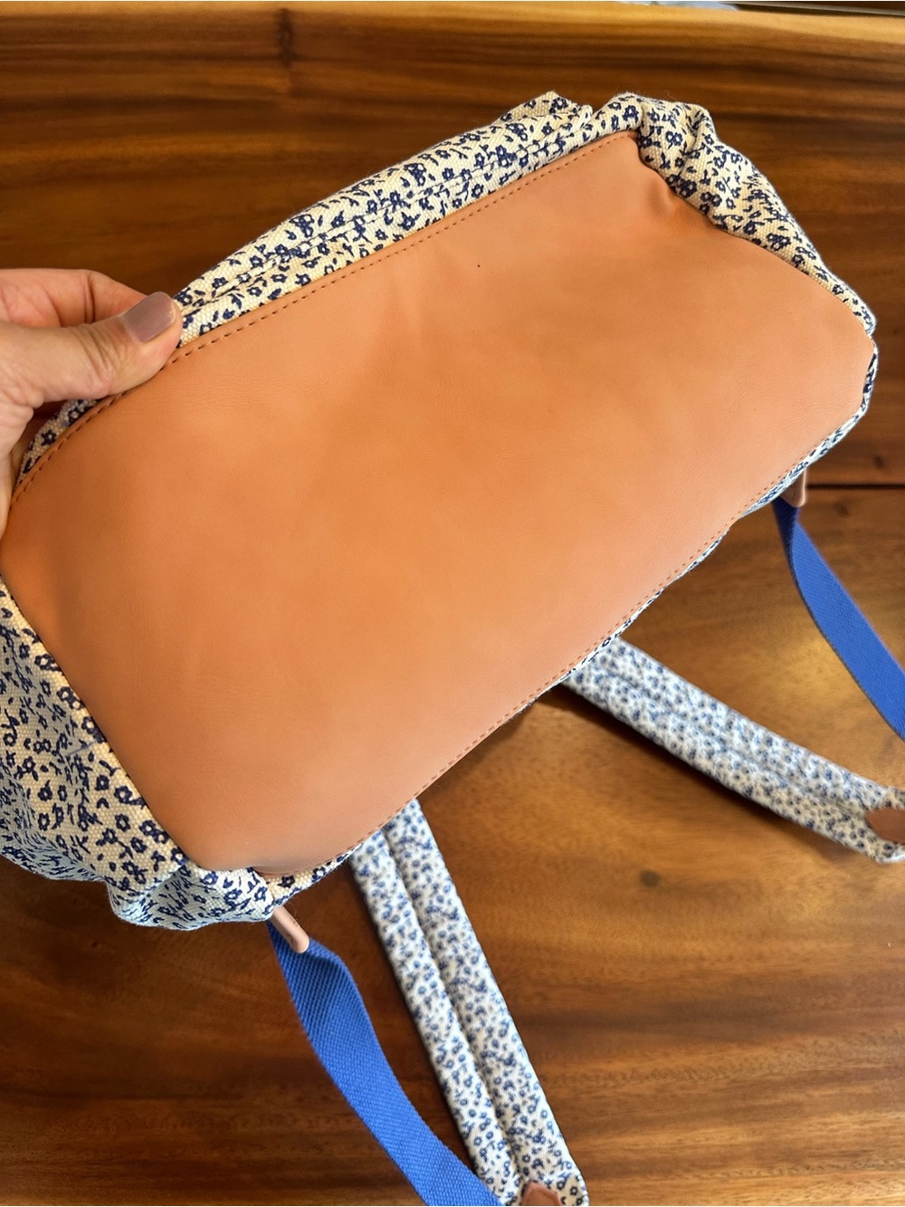 Floral Canvas Tote Backpack or baby bag with Tan Faux Leather Handles - Picture 5 of 7